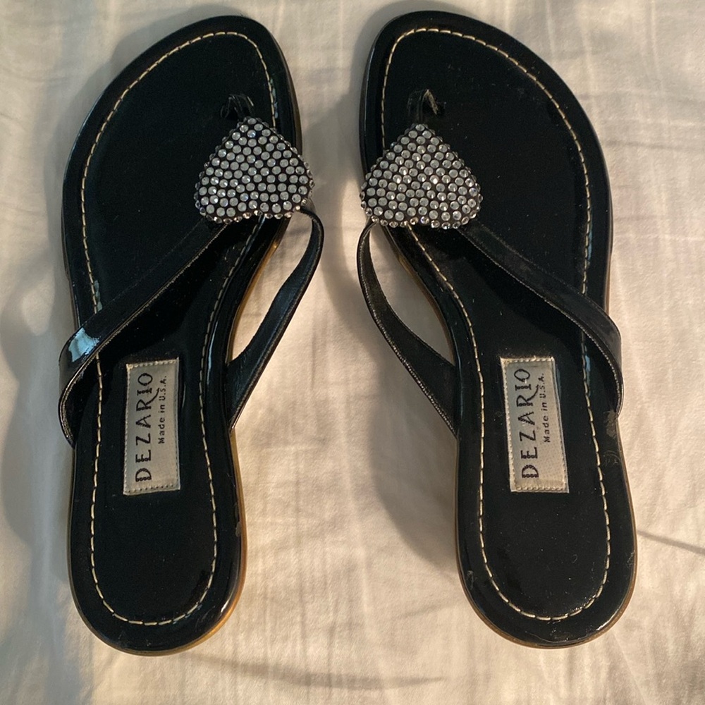 Black & gold Deziaro sandals with rhinestone heart accents